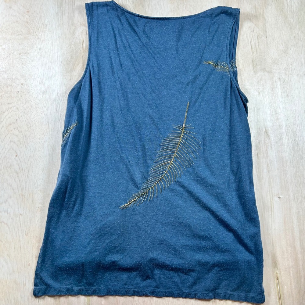 True Religion Womens Teal Blue Gold Metallic Feather Embroidered Tank Top XS - Picture 5 of 5
